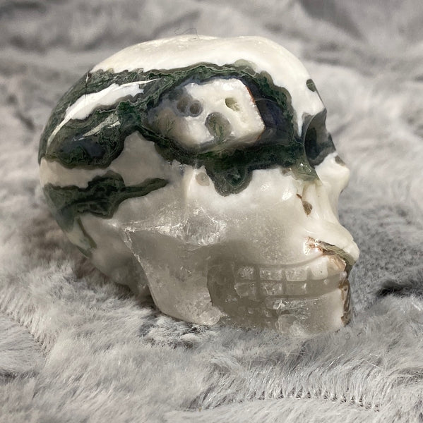 2.5" Moss Agate Hand Carved Crystal Skull Carving & Tumble Set