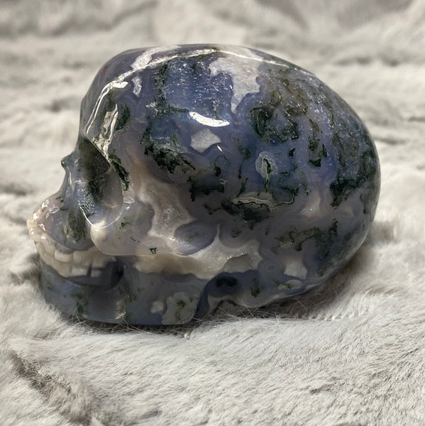 2.5" Moss Agate Hand Carved Crystal Skull Carving & Tumble Set