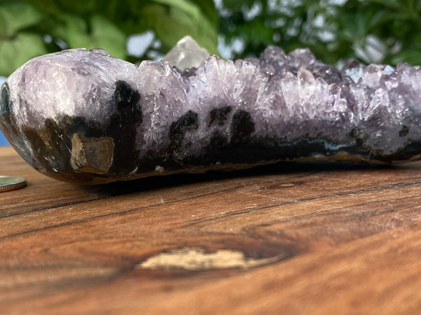 7.25" Amethyst Geode Moon Carving with Calcite Tooth on Custom Stand