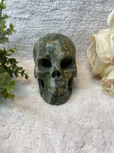 5" Epidote in Quartz Hard Carved Crystal Skull 1420 grams