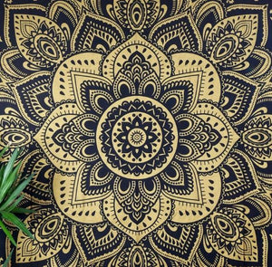 100 % Cotton Black and Gold Mandala Tapestry