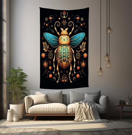 Blue & Gold Beetle Polyester Blend Tapestry