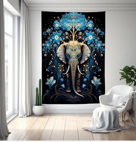 Elephant in Blue Lotus Polyester Blend Tapestry