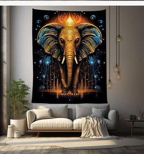 Elephant in Golden Crown Polyester Blend Tapestry