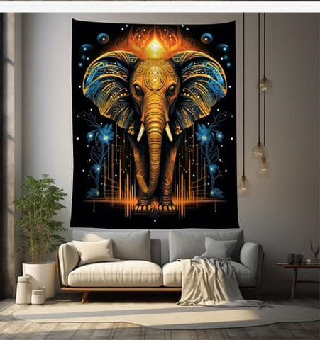 Elephant in Golden Crown Polyester Blend Tapestry