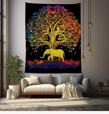 Elephant & Tree of Life Phases Polyester Blend Tapestry