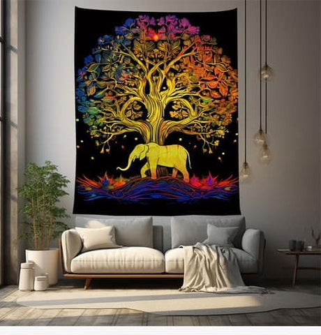 Elephant & Tree of Life Phases Polyester Blend Tapestry