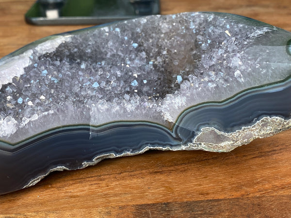 7.75" Agate Geode Amethyst Moon Carving on Custom Stand