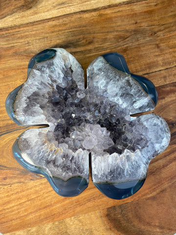 7" Uraguyan Agate & Flowering Amethyst Geode Four Leaf Clover Carving