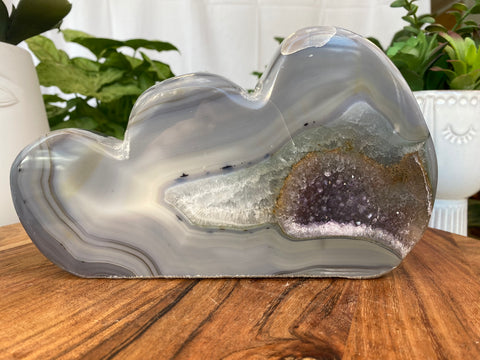 8" Uruguayan Agate Geode Cloud Carving with Amethyst Pocket