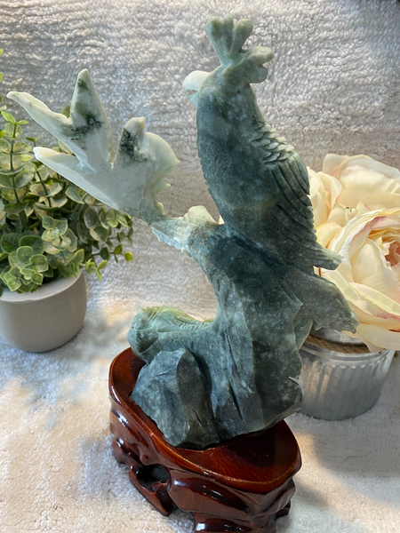 11.5" Chinese Jade Hand Carved Parrot with Custom Stand