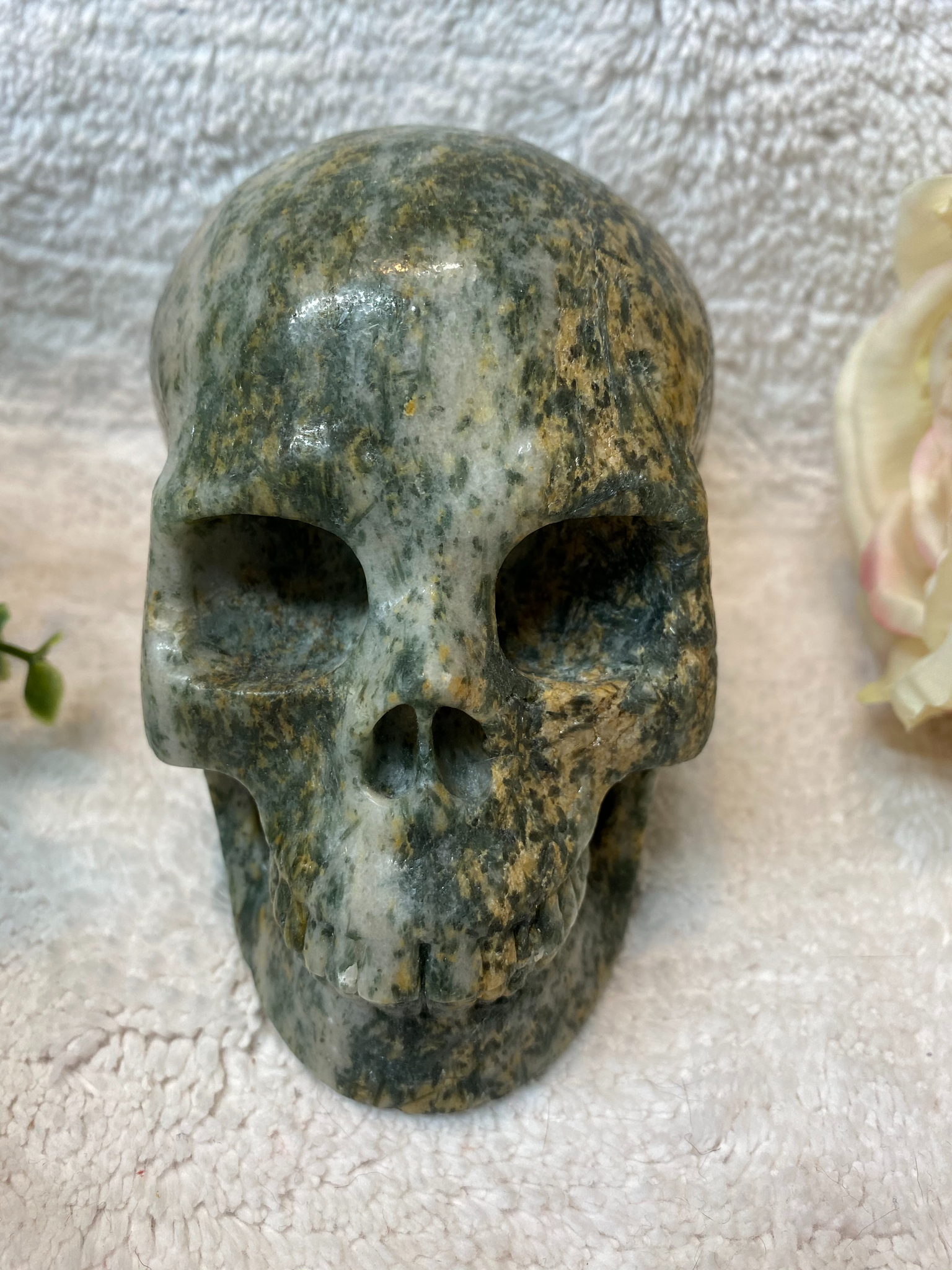 5" Epidote in Quartz Hard Carved Crystal Skull 1420 grams