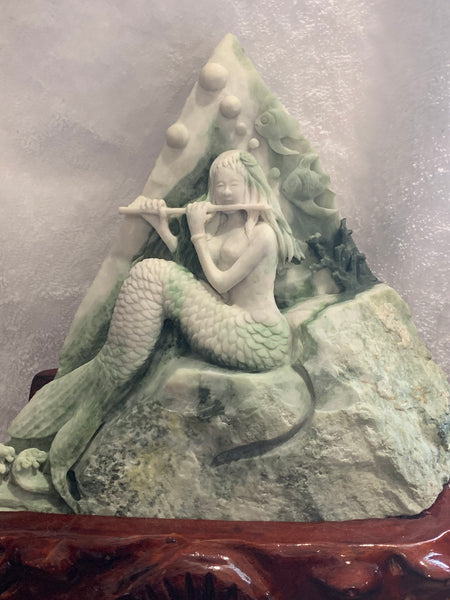 Chinese Jade Mermaid Serenade Carving with Custom Stand